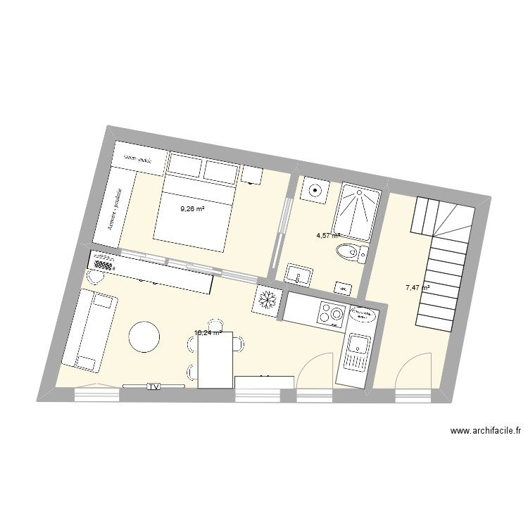 Mirebeau RDC meublé. Plan de 4 pièces et 38 m2