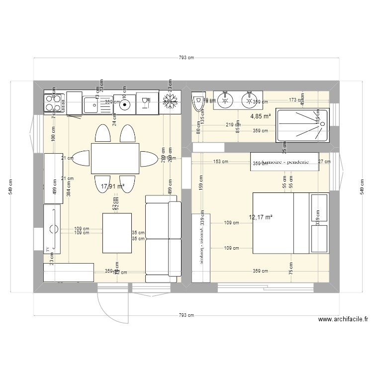 F2 Moriani. Plan de 3 pièces et 35 m2