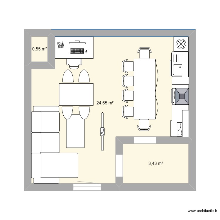 Cuisine à l'américaine. Plan de 0 pièce et 0 m2