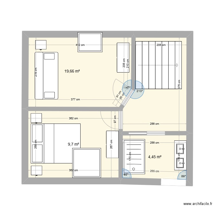 Etage gîte 1. Plan de 3 pièces et 34 m2