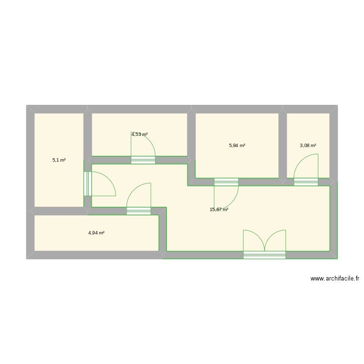 caca. Plan de 6 pièces et 39 m2