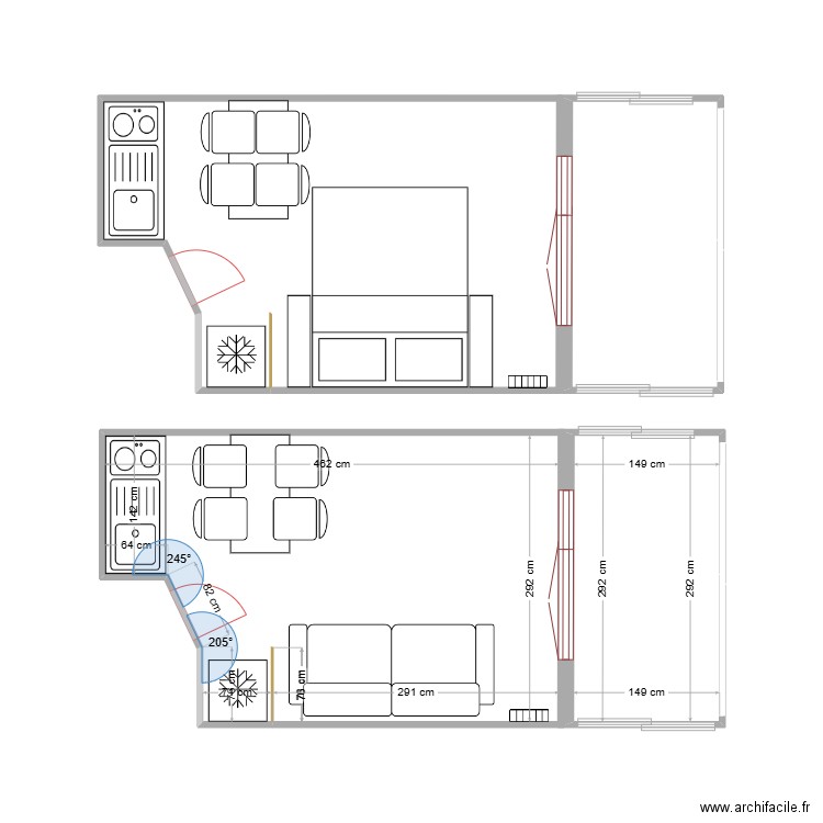 Canapé Plié. Plan de 4 pièces et 33 m2