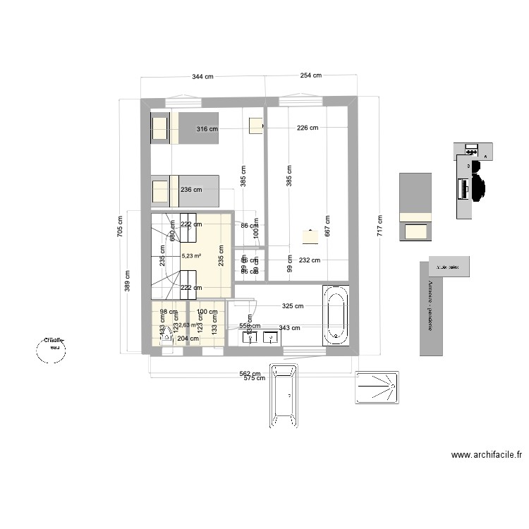 87 GS 1er étage avec 2 chambres. Plan de 2 pièces et 8 m2