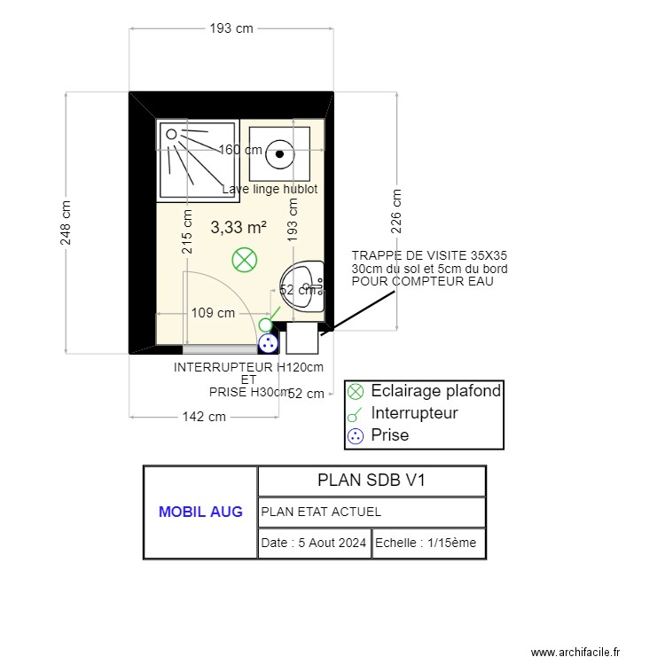 PLAN SDB PARIS19. Plan de 1 pièce et 3 m2