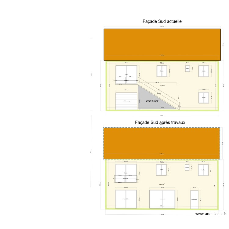 Plan de facade sud. Plan de 2 pièces et 148 m2