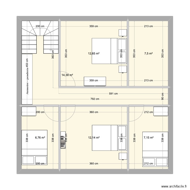 4ch. Plan de 6 pièces et 61 m2