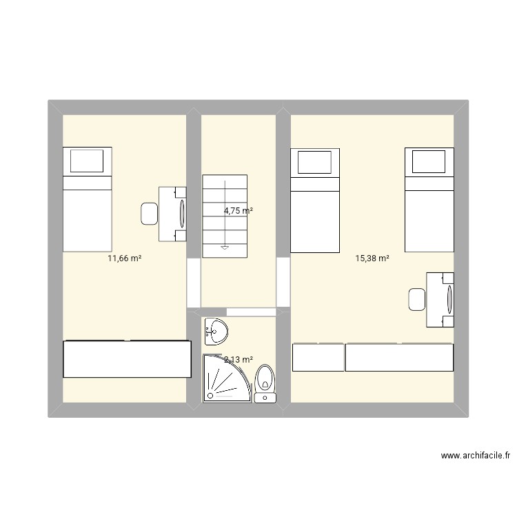 Étage maison . Plan de 4 pièces et 34 m2