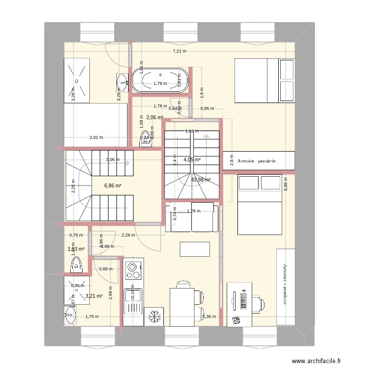 2eme étage. Plan de 6 pièces et 61 m2