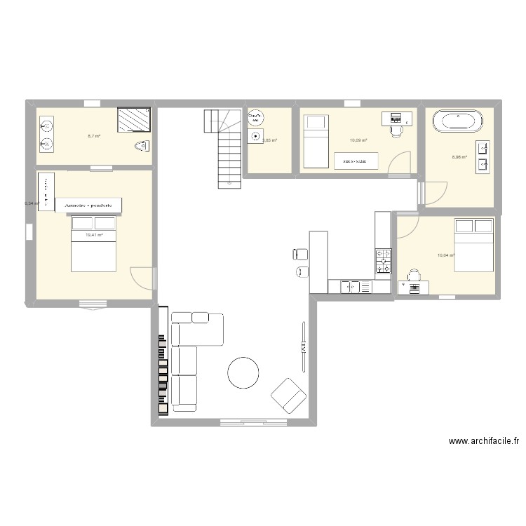 Maison . Plan de 7 pièces et 61 m2