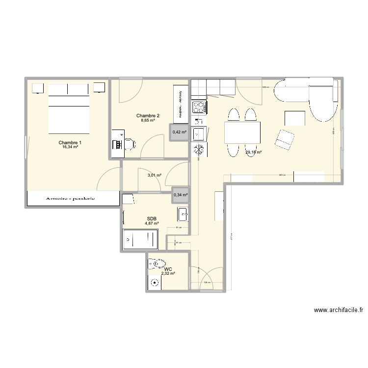 Aufrero Meubles. Plan de 8 pièces et 65 m2