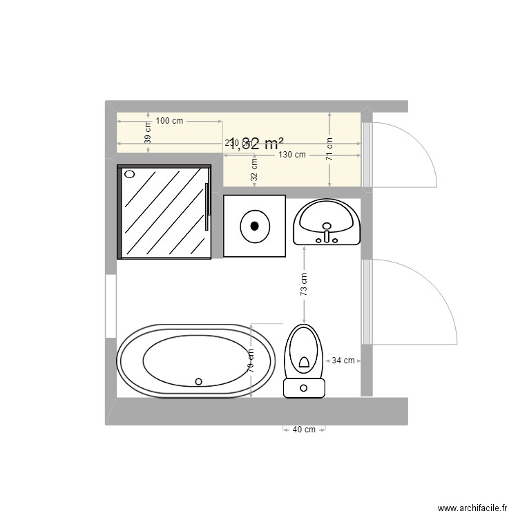 САНУЗЕЛ 230 ГЛУБИНОЙ. Plan de 1 pièce et 1 m2