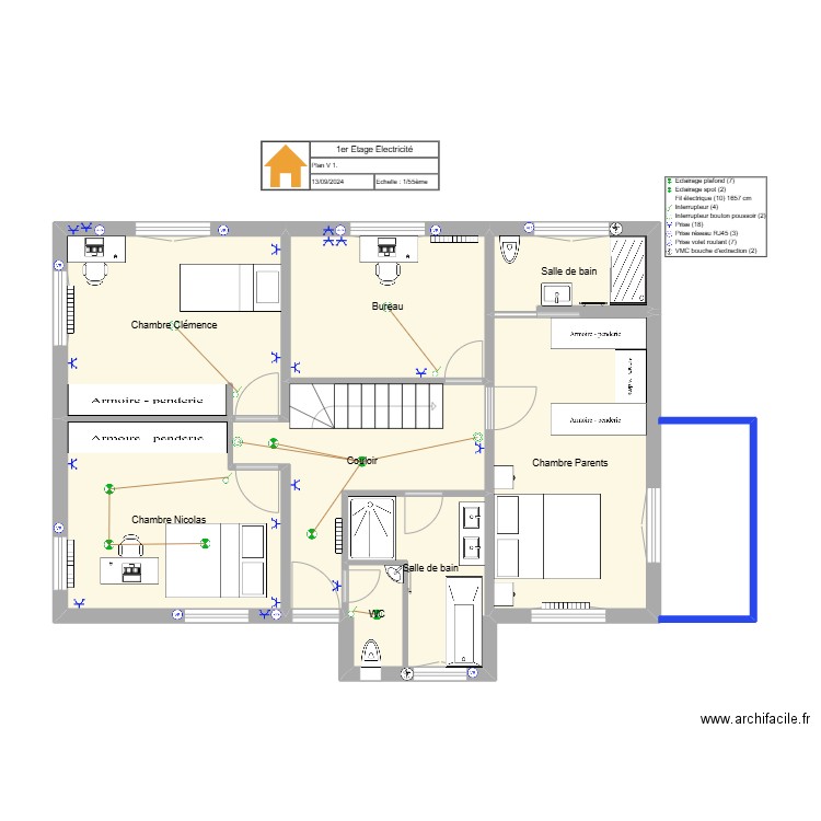 P1-Etage1-v1-electricite. Plan de 8 pièces et 74 m2