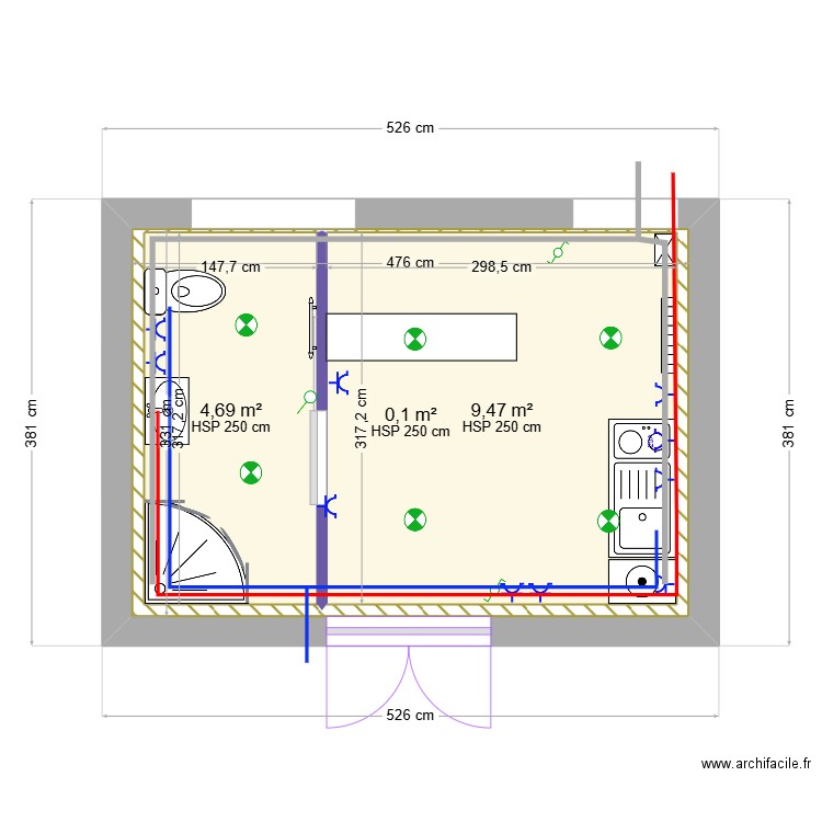 piece du bas. Plan de 3 pièces et 30 m2