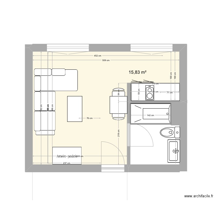 Studio acy. Plan de 1 pièce et 16 m2