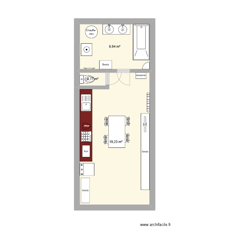 Cuisine. Plan de 3 pièces et 27 m2