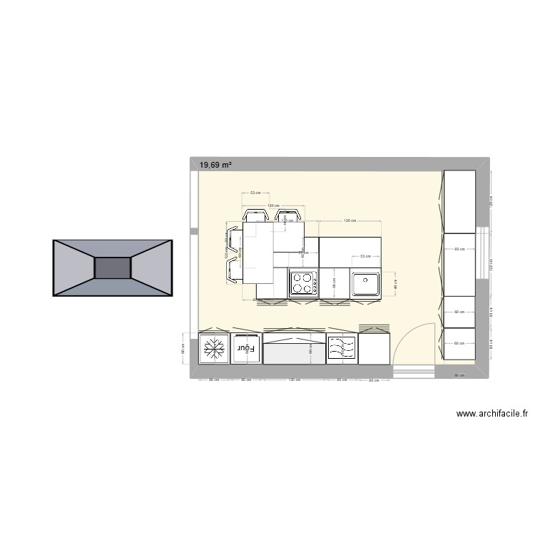 Cuisine Ilot. Plan de 1 pièce et 20 m2