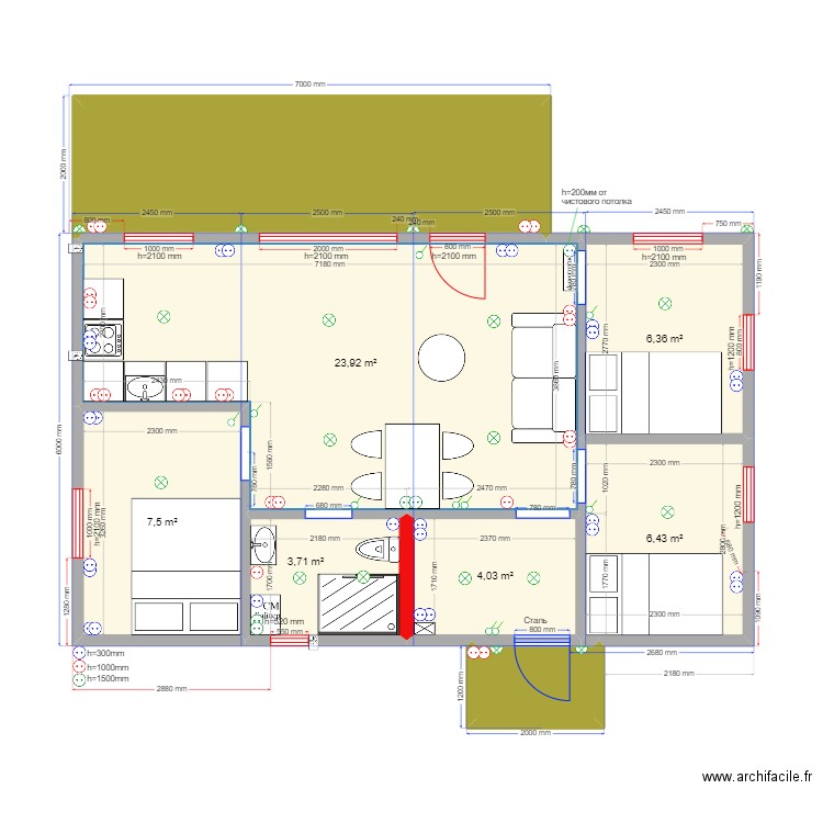 60 Щекавцево эл. Plan de 8 pièces et 66 m2