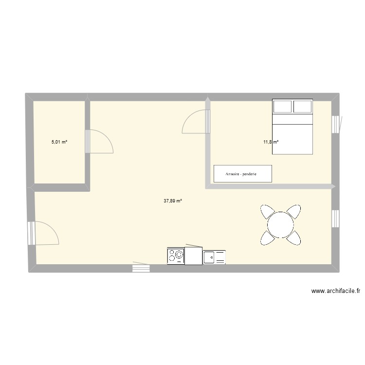 rdc 1. Plan de 3 pièces et 55 m2