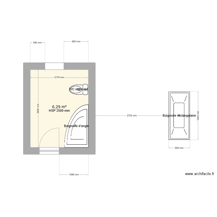 salle de bain parentale. Plan de 1 pièce et 6 m2