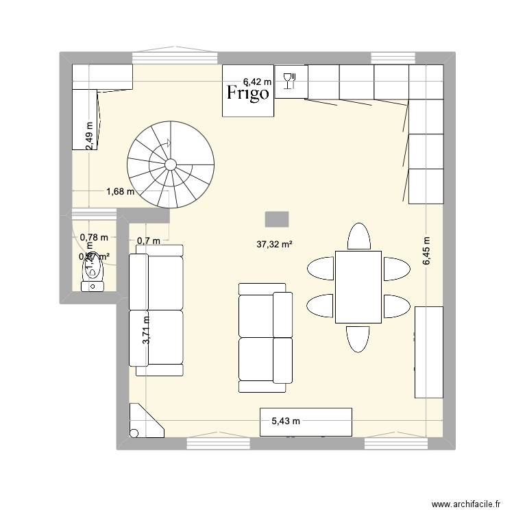 RDC. Plan de 2 pièces et 38 m2