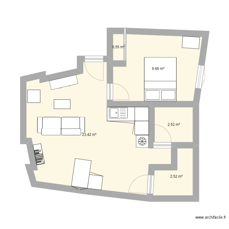 t2 etats unis. Plan de 5 pièces et 39 m2