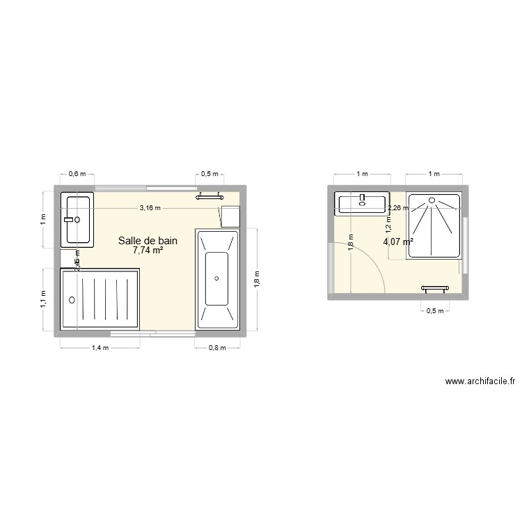 SdB Suite. Plan de 2 pièces et 12 m2