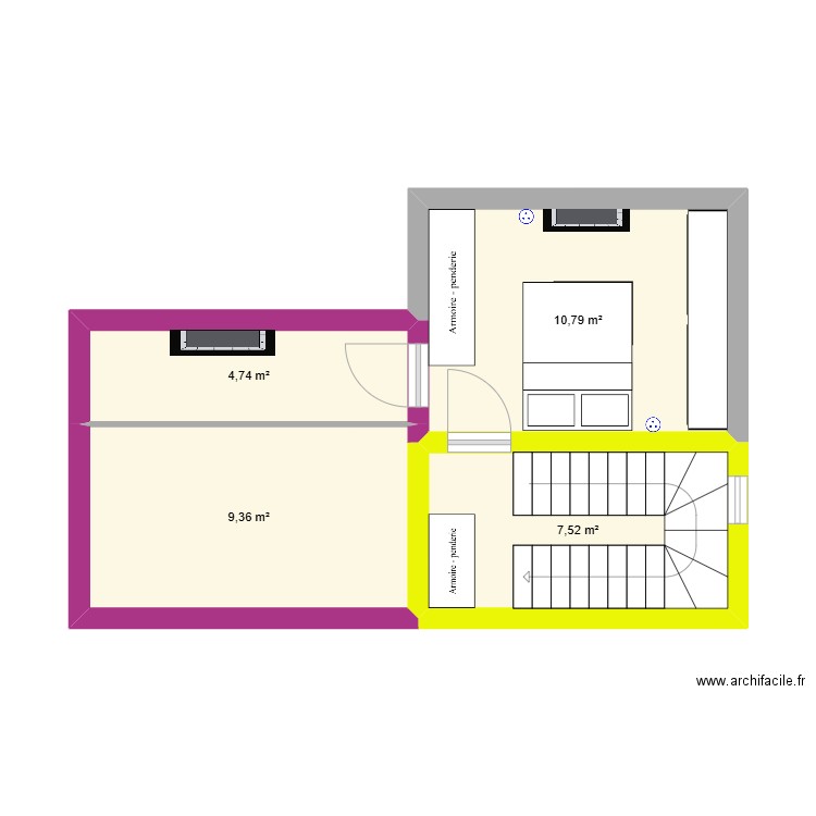 grenier. Plan de 4 pièces et 32 m2