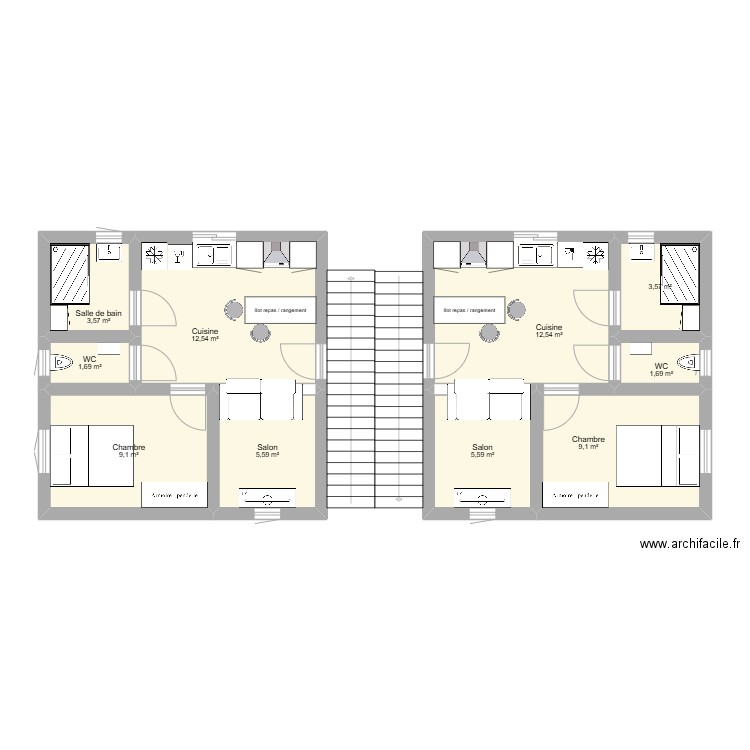 Apparts 36m² double. Plan de 10 pièces et 65 m2