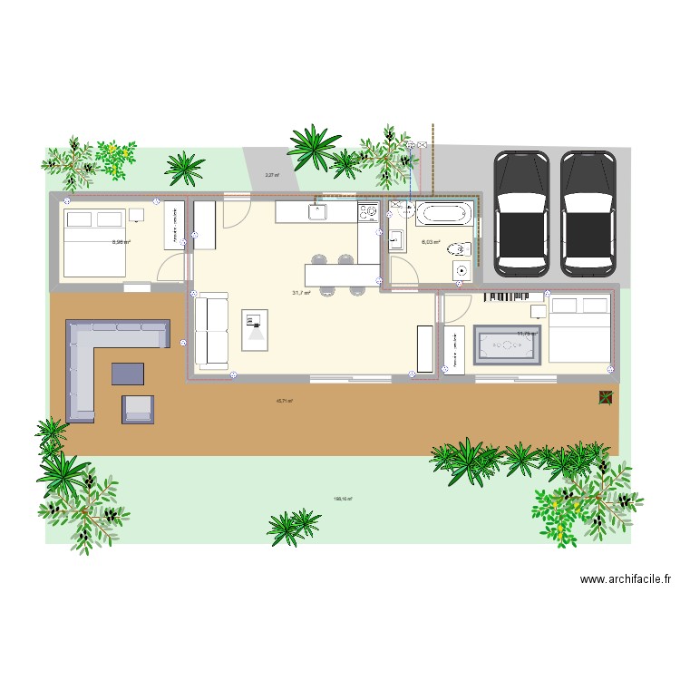 sur terrain 200 m2 - 2 cont. 40ft plein pied. Plan de 4 pièces et 58 m2