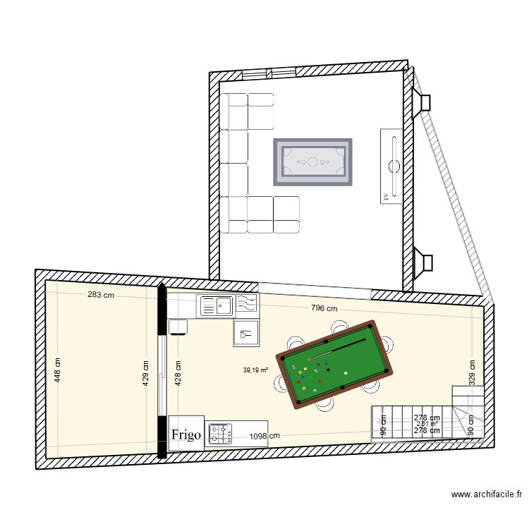 2eme etage antho. Plan de 2 pièces et 44 m2