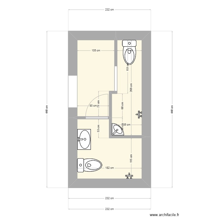 WC+SDB. Plan de 3 pièces et 7 m2