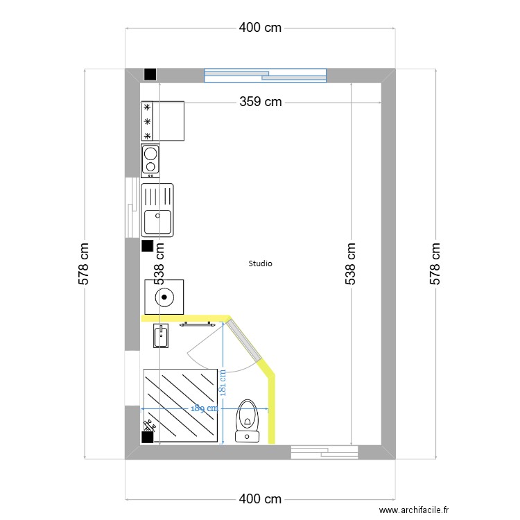 Studio avec Bonne épaisseur du mur. Plan de 1 pièce et 19 m2