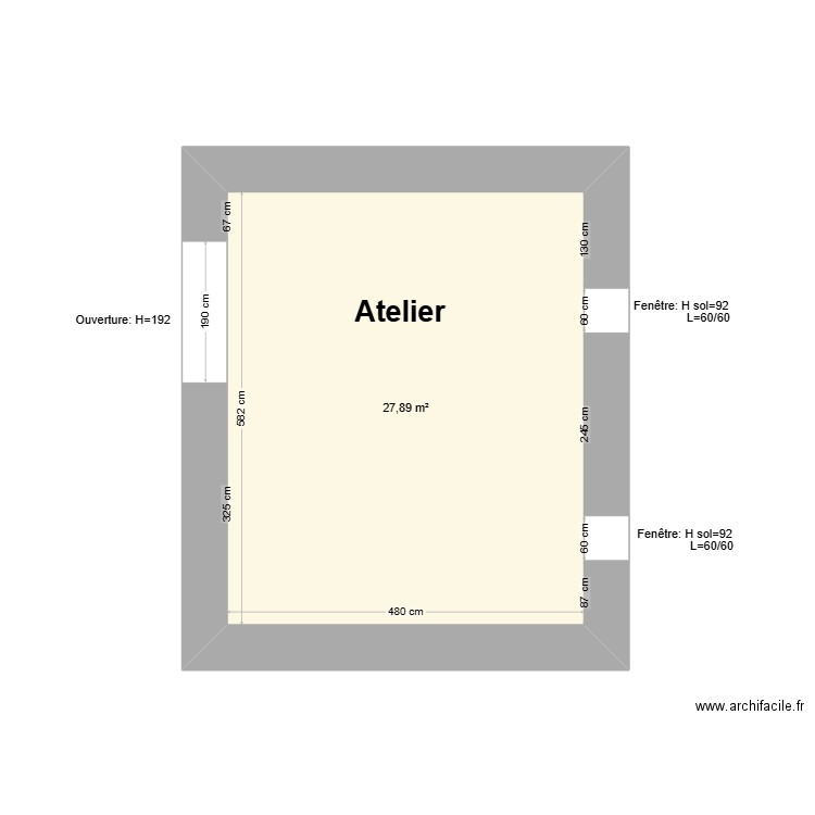 Cotations Atelier. Plan de 1 pièce et 28 m2