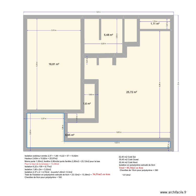 Surface au sol et intérieur . Plan de 6 pièces et 57 m2