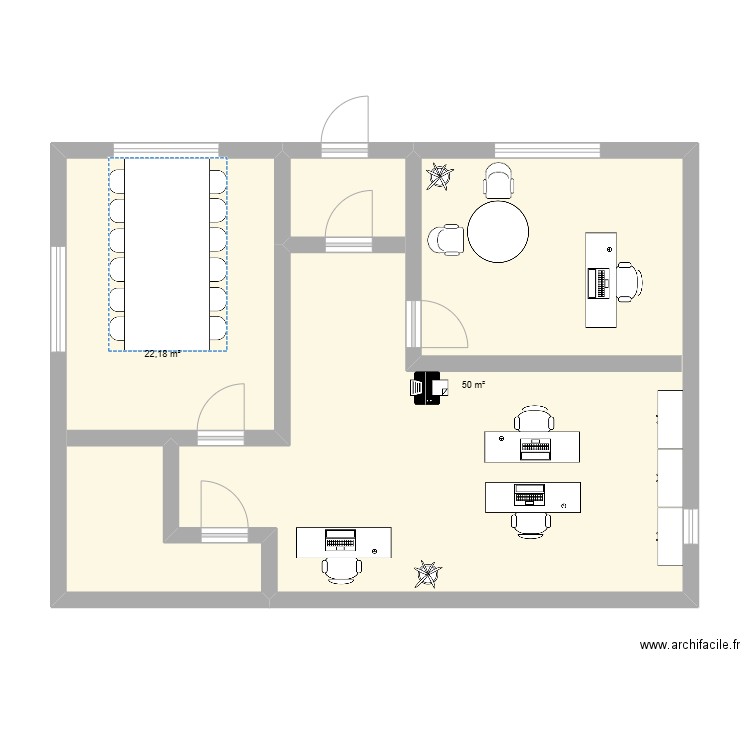 Aménagement bureaux. Plan de 2 pièces et 72 m2