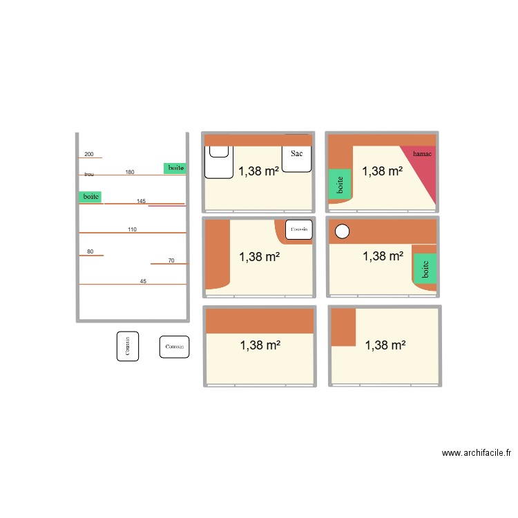 Box 1 salon. Plan de 6 pièces et 8 m2