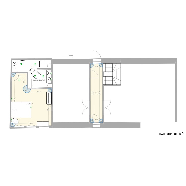 Espace Marine nuit + sdb. Plan de 2 pièces et 24 m2