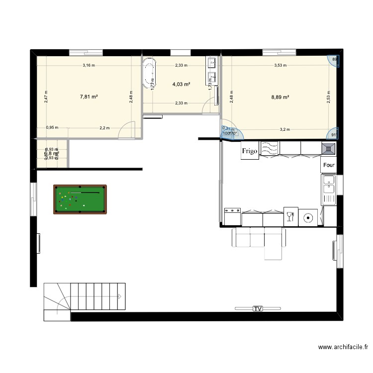 plan appartement modifié. Plan de 4 pièces et 22 m2