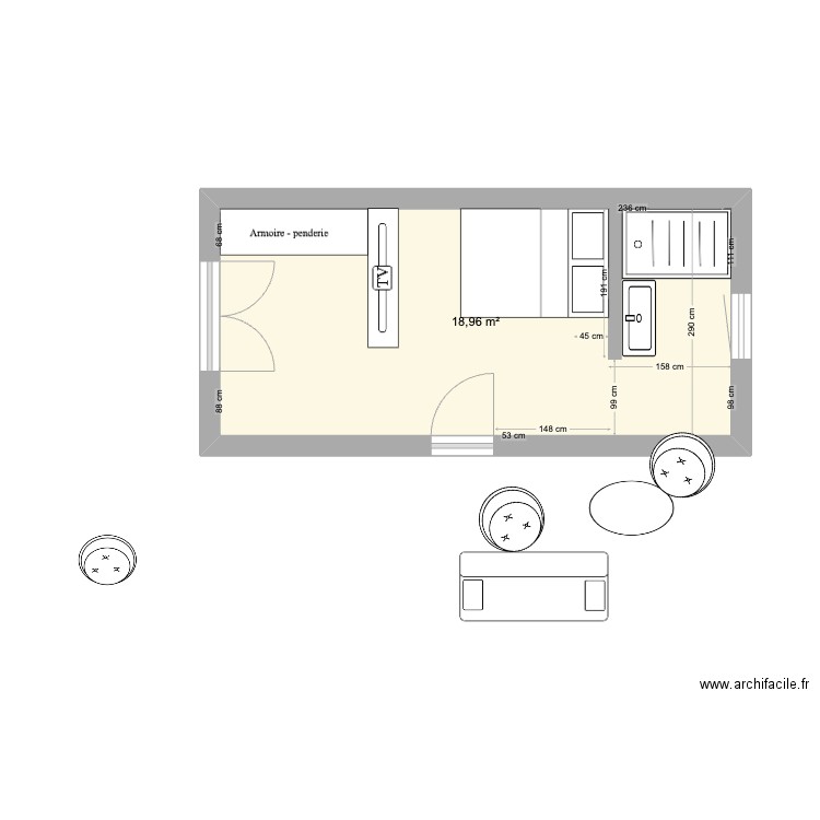 CHAMBRE ENZO V5 mum douche. Plan de 1 pièce et 19 m2