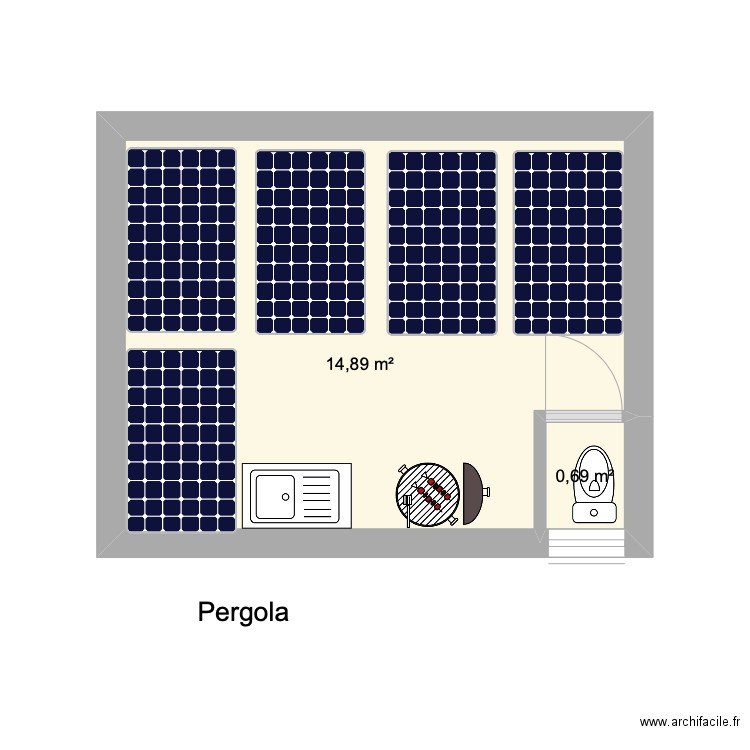 Pergola. Plan de 2 pièces et 16 m2