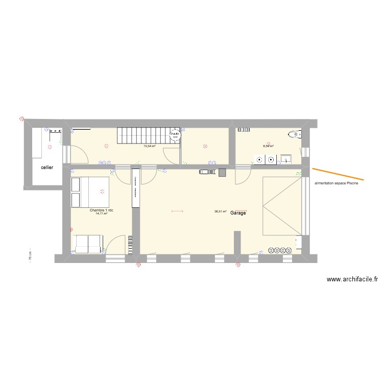 CHANTELAC PRUNIERES RDC amenagement. Plan de 4 pièces et 73 m2