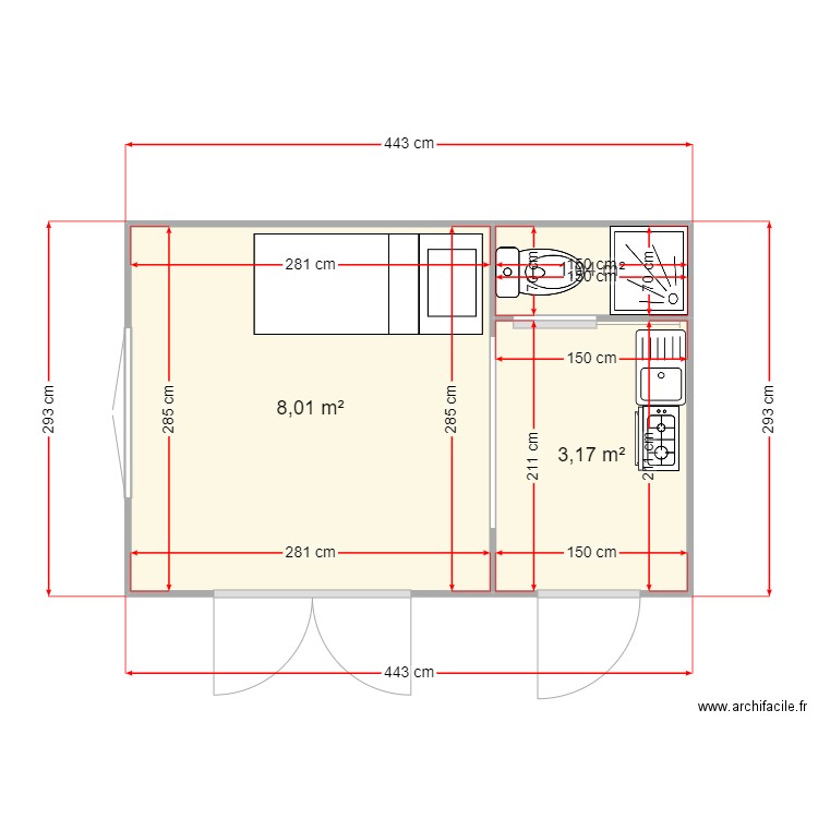 cabanon. Plan de 3 pièces et 12 m2