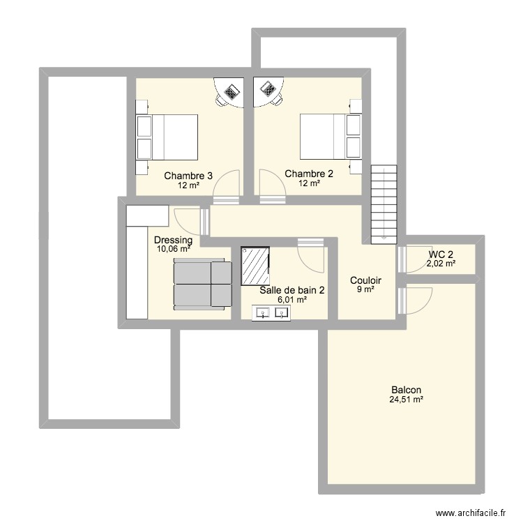 Projet maison C&L - Etage. Plan de 7 pièces et 76 m2