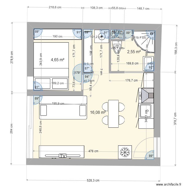 aptr 2. Plan de 4 pièces et 23 m2