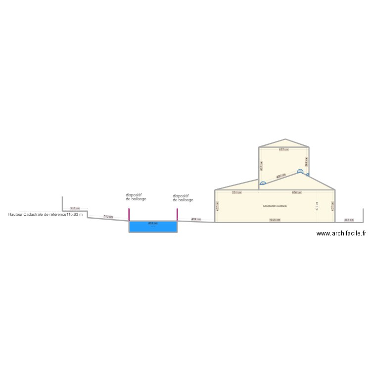 plan de coupe vue de coté DP3 2 piscine et abri. Plan de 6 pièces et 112 m2