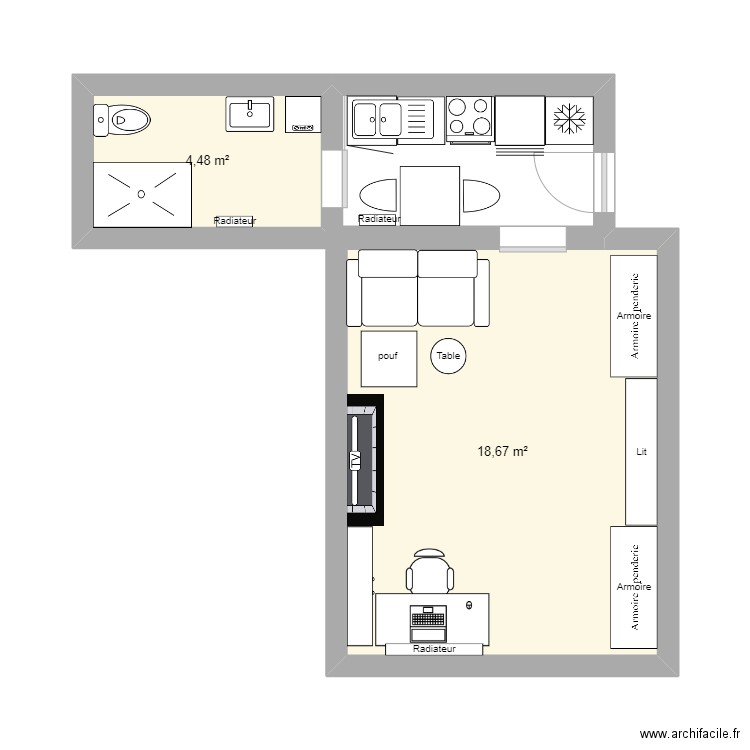 Studio Spa. Plan de 2 pièces et 23 m2