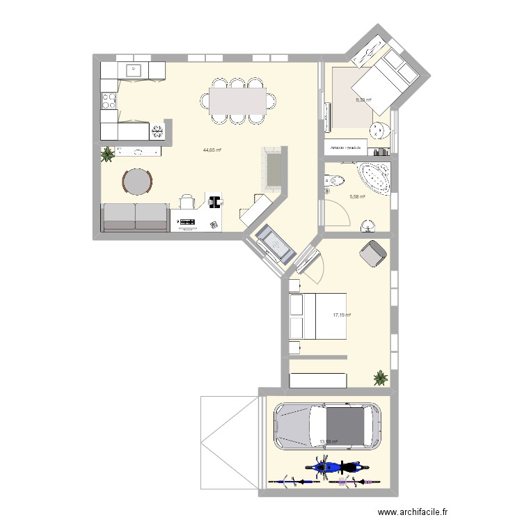  rhuan. Plan de 5 pièces et 91 m2