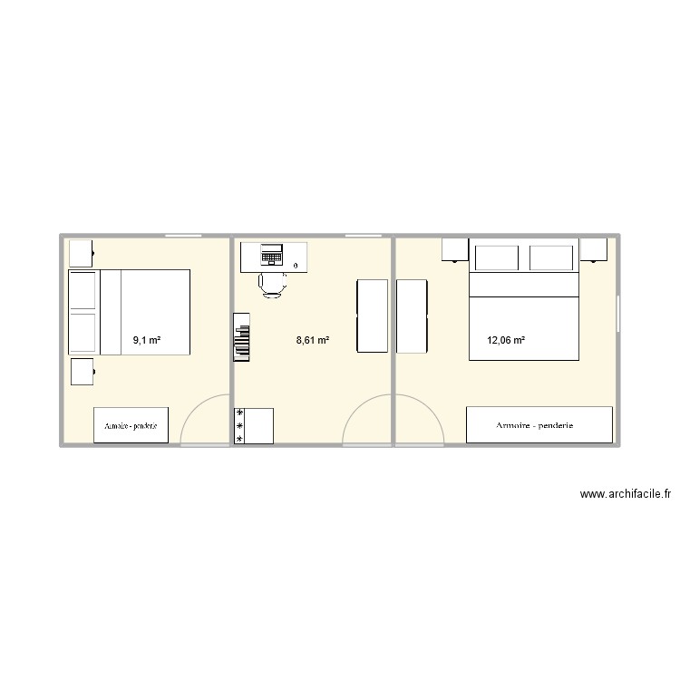 Chambres. Plan de 3 pièces et 30 m2