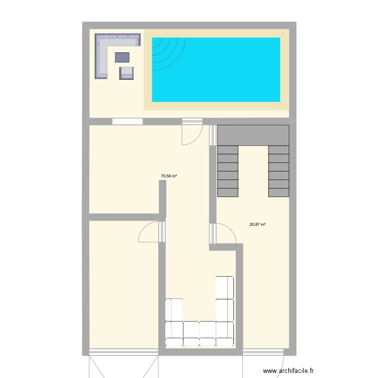 Maison Rez de chaussée . Plan de 2 pièces et 91 m2