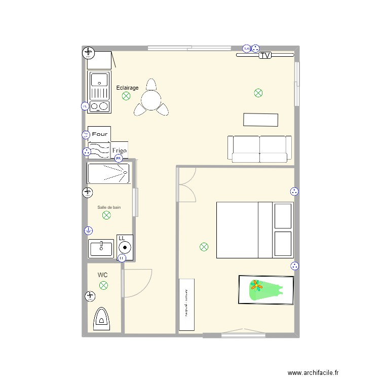 Studio 30 m2. Plan de 3 pièces et 34 m2